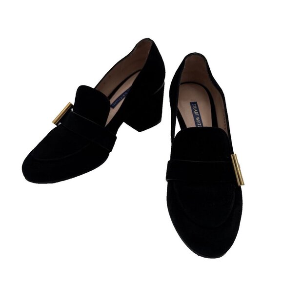 Stuart Weitzman Women The Preston Cylinder Pump Loafer Size 6 M black Suede Heel - Picture 2 of 16
